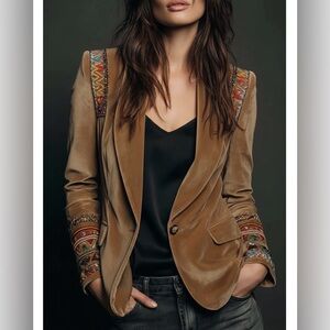 NWOT Futario Velvet Embroidered Blazer With Bohemian Detailing in Caramel XS